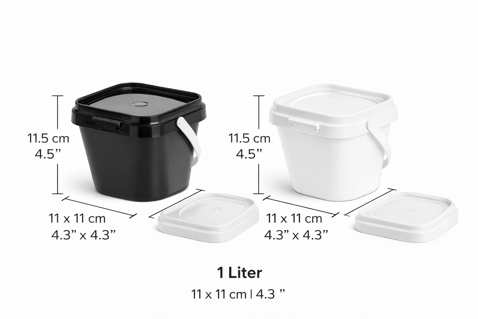 Black and white containers with lids, showing dimensions on a white background