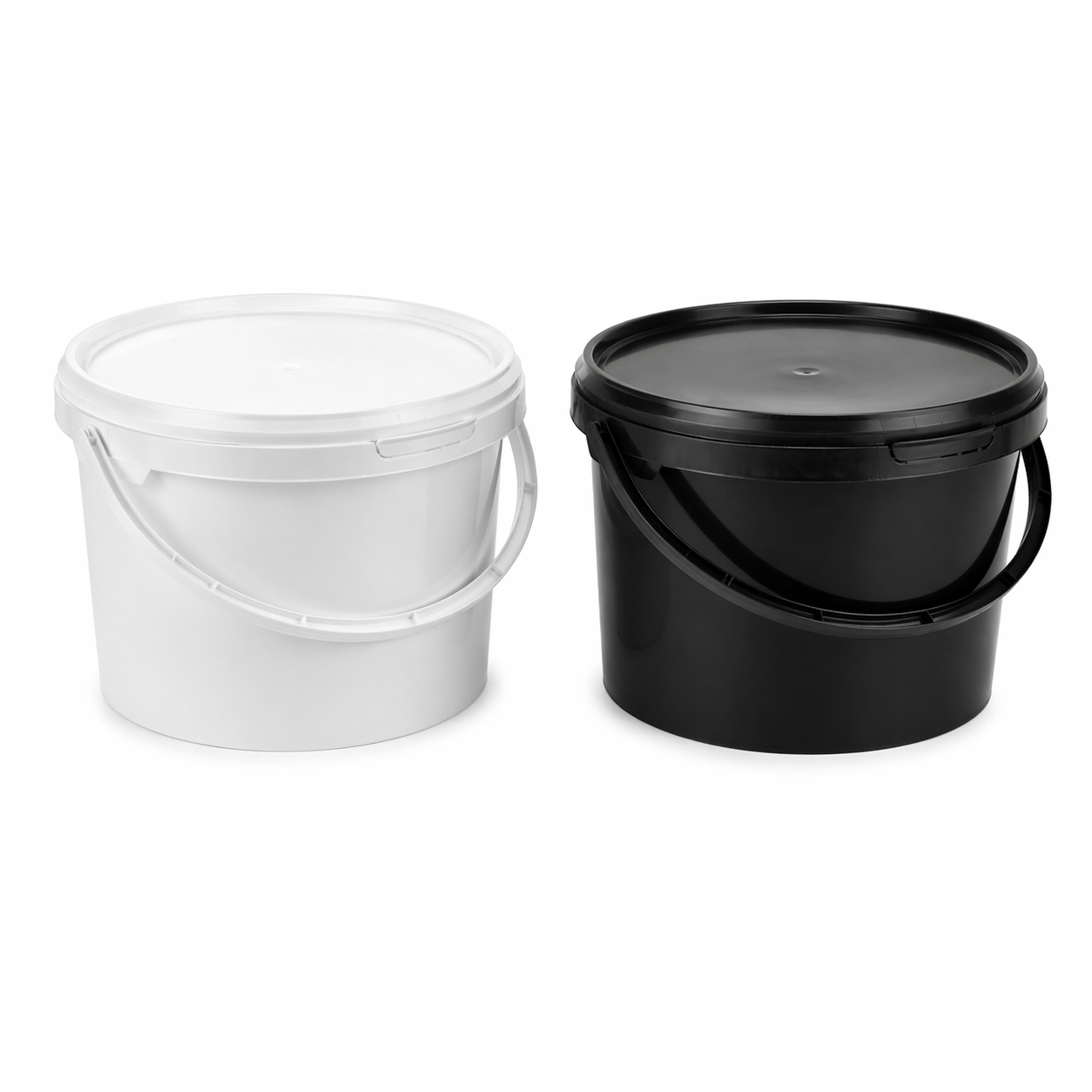 White and black plastic buckets with lids on a white background