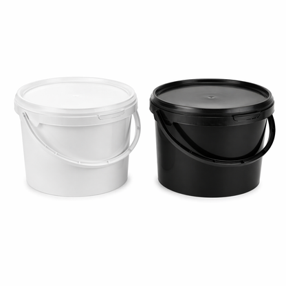 White and black plastic buckets with lids on a white background