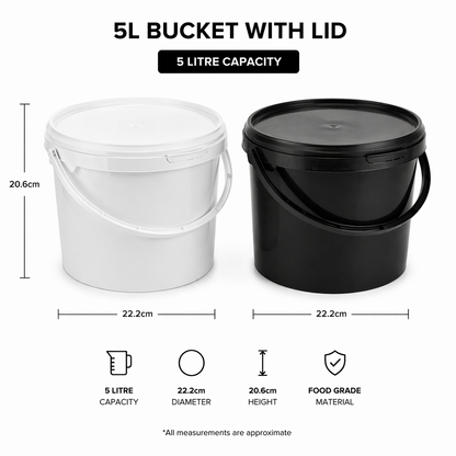 5L white and black buckets with lids, showing dimensions and material details.