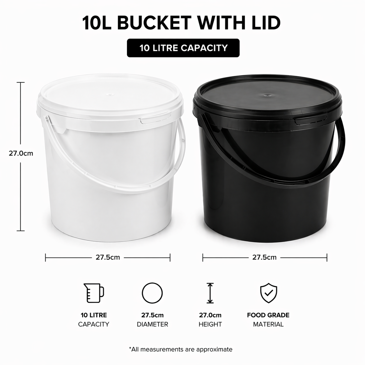 10L white and black buckets with lids, showing dimensions and material details.