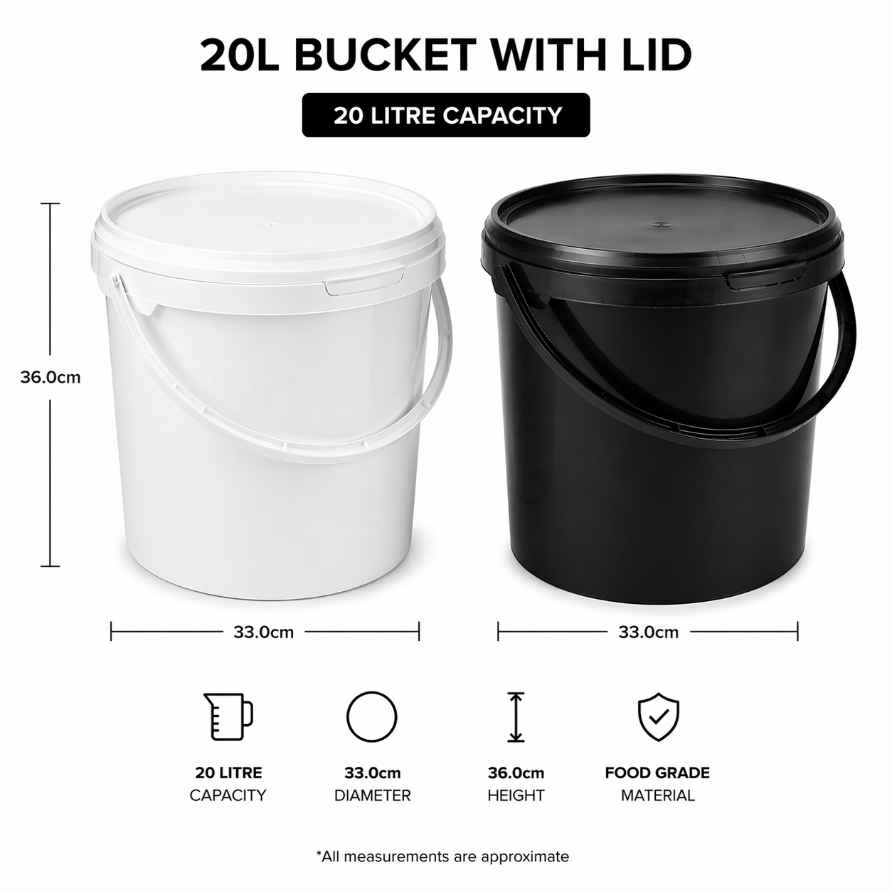 20L white and black buckets with lids, showing dimensions and material details.