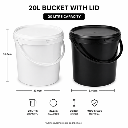 20L white and black buckets with lids, showing dimensions and material details.