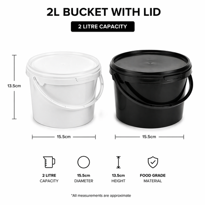 2L bucket with lid in white and black, showing dimensions and material details.