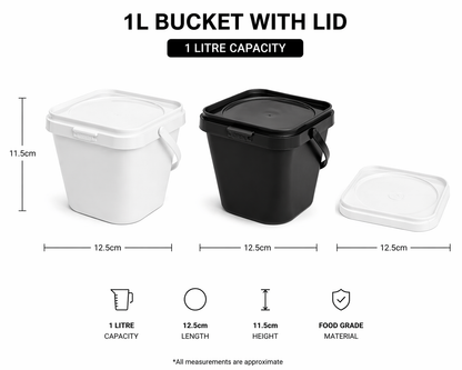 1L bucket with lid in black and white, showing dimensions and material details on a white background.