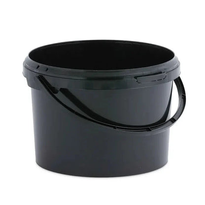 Black plastic bucket on a white background