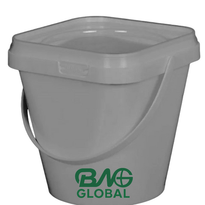 Gray bucket with 'B&W Global' logo on a white background
