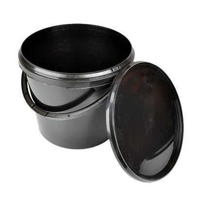 Black plastic buckets with lids on a white background